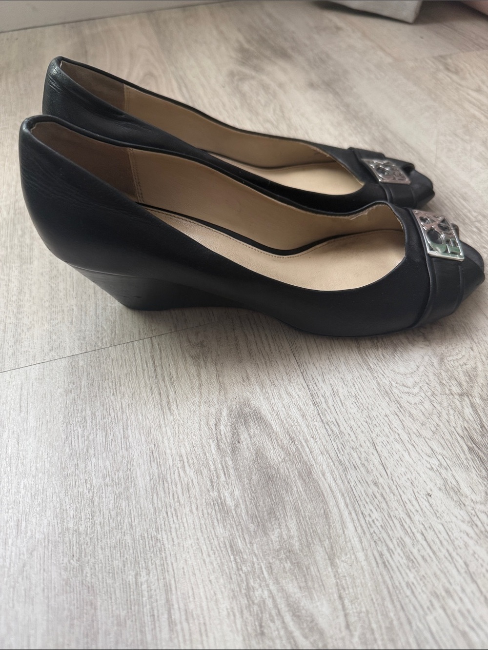 Coach Black Peep-Toe Wedge Pumps with Silver Logo Accent - Picture 3 of 7